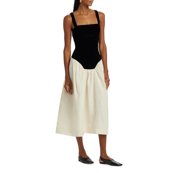 Rhode Georgina Two-Tone Dress, Velvet/taffeta, Black/Cream, Quiet Luxury, size 8 - Picture 2 of 9